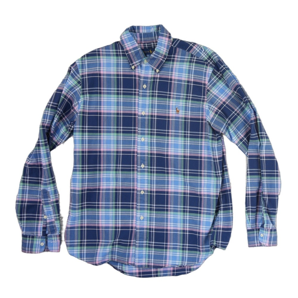 Ralph Lauren Button Down Men's Size Large Blue Green Pink Plaid Long Sleeve Pony